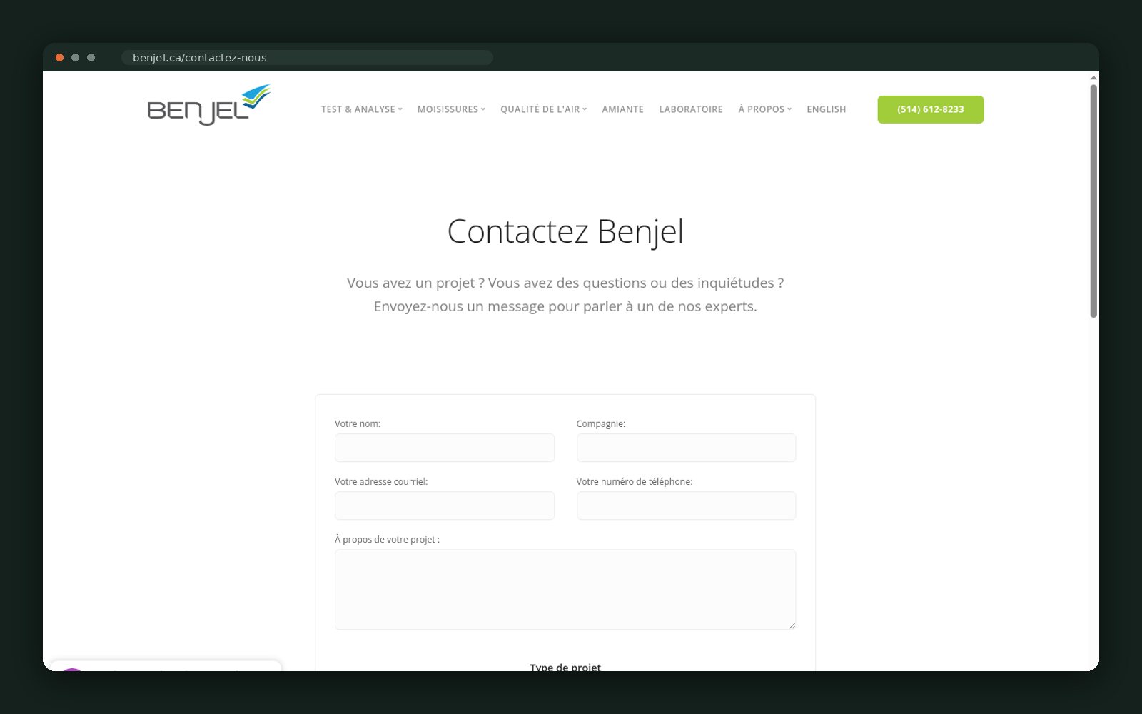 Contact page with project-type qualification