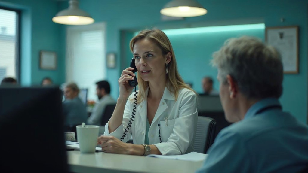 A clinic receptionist taking a phone call at a busy front desk with patients waiting, photographed in St. Louis