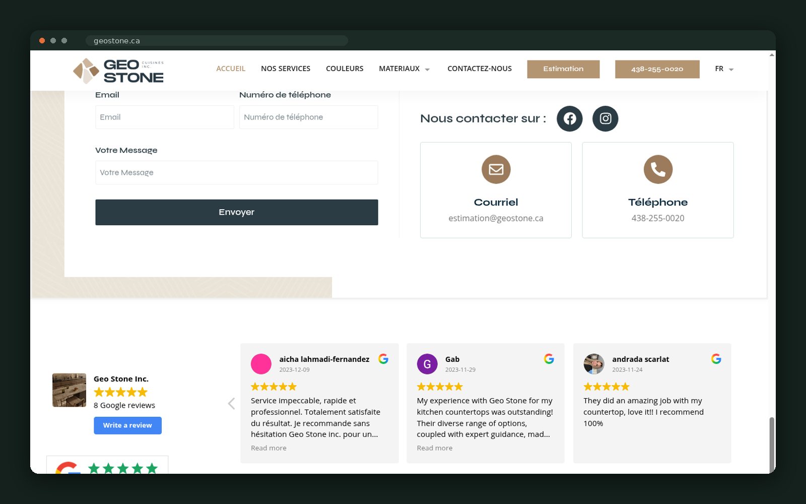 Google reviews wall on the homepage