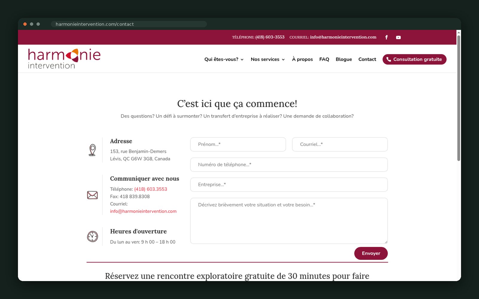 Contact page with a free 30-minute exploratory booking