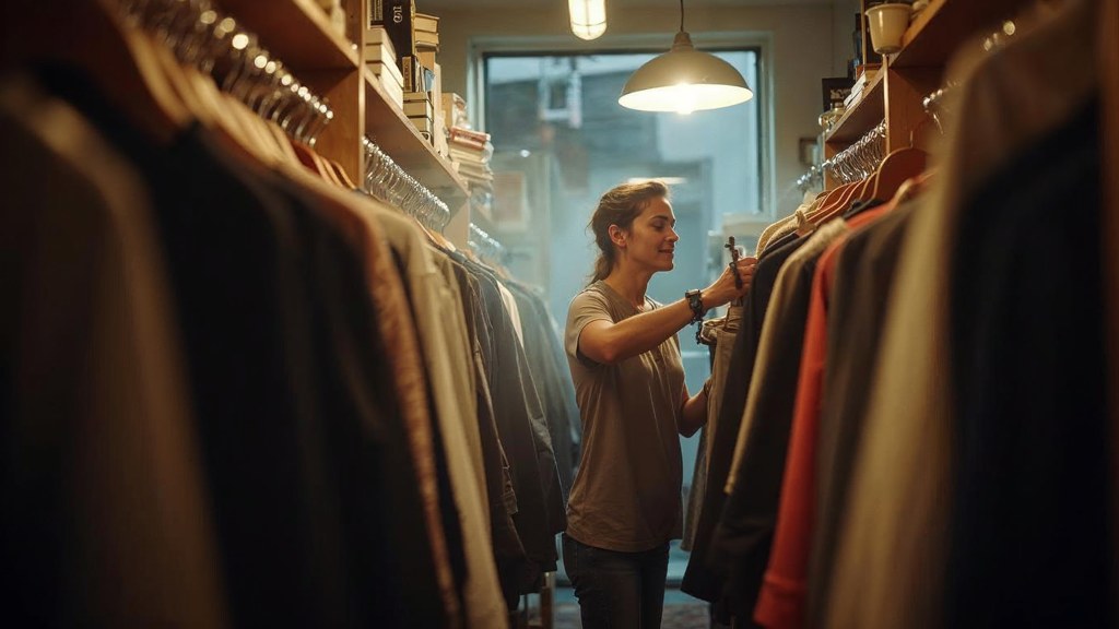 A boutique owner steaming garments in a narrow shop stockroom at opening time, photographed in St. Louis