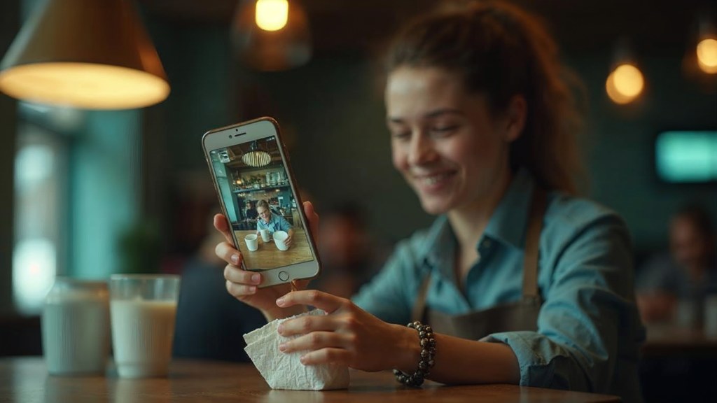 A young cafe worker filming a drink being poured on a phone propped against a napkin holder, photographed in St. Louis