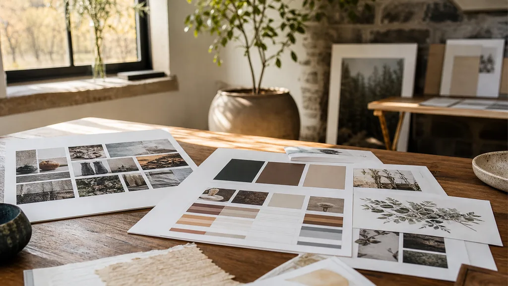 Editorial photograph of printed brand boards and colour proofs on a walnut table in a sunlit Tennessee design studio