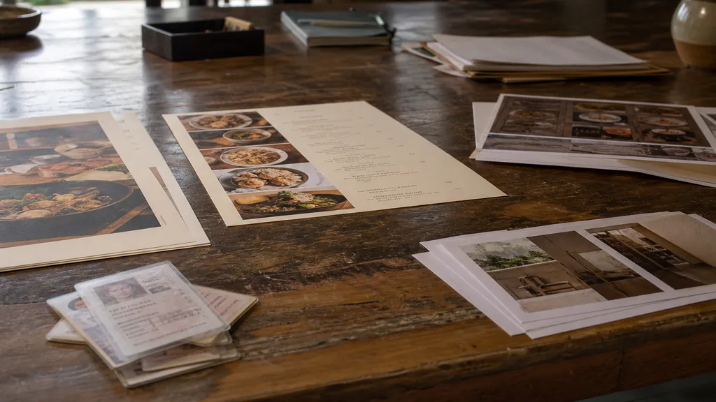 Editorial photograph of printed menus and identity proofs on a scuffed wooden table in a humid southern design studio