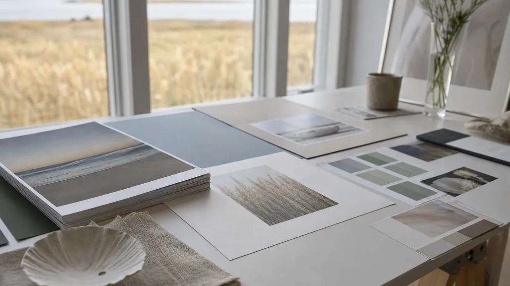 Editorial photograph of printed brand collateral and colour proofs on a pale table in a coastal Virginia design studio