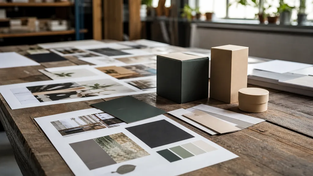 Editorial photograph of printed identity boards and packaging proofs on a reclaimed wood table in a warehouse design studio