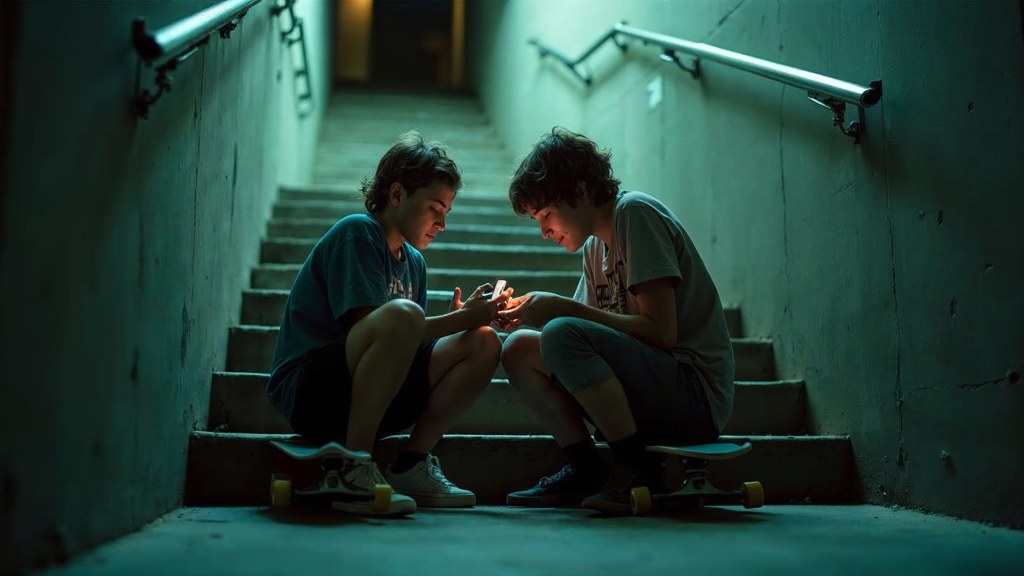 Two teenagers on skateboards looking at a phone on a set of concrete steps, photographed in St. Louis