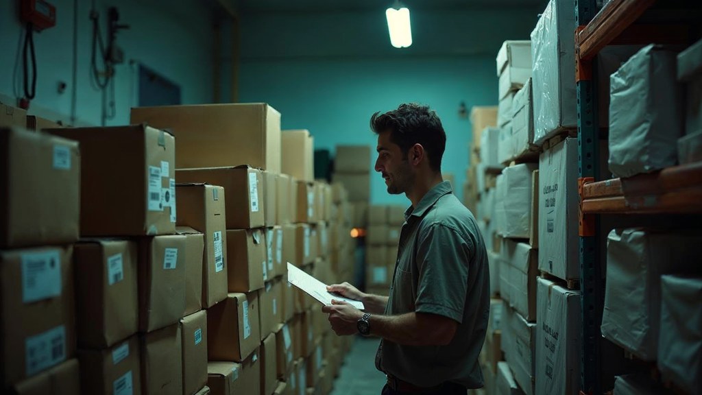 A seller checking barcodes on stacked cartons in a garage stockroom, photographed in St. Louis