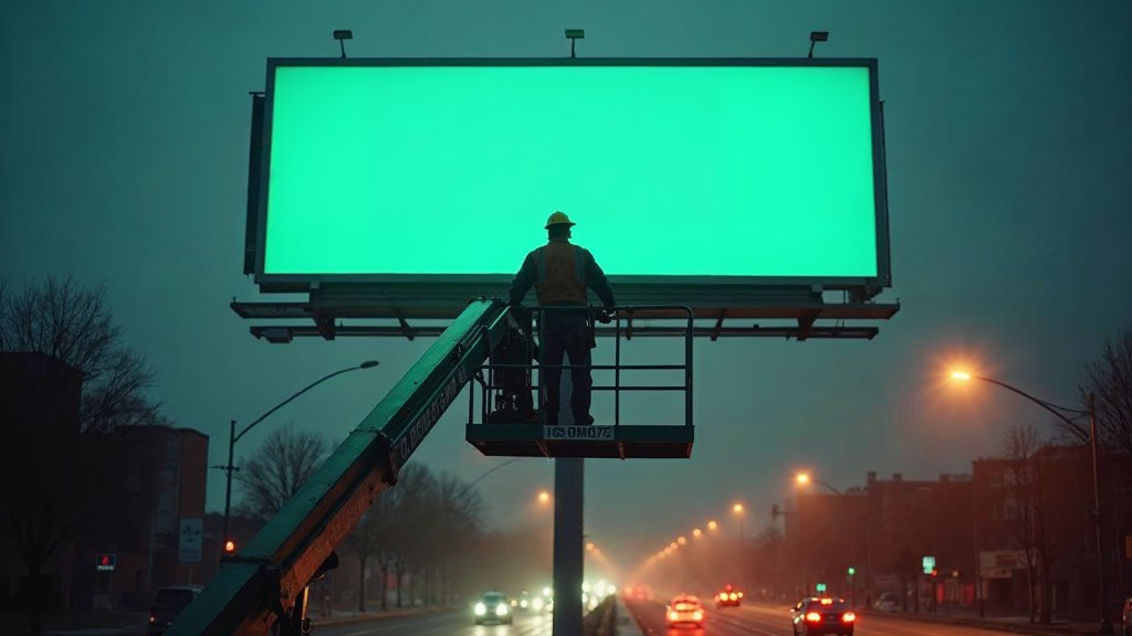 A crew member on a lift installing a blank billboard panel above a busy street, photographed in St. Louis