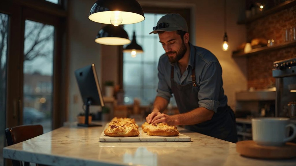 A bakery owner photographing a tray of pastries on a marble counter at dawn, photographed in St. Louis