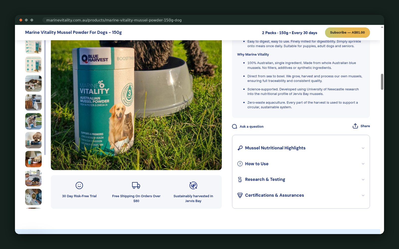Payment options, trust row and the full product description