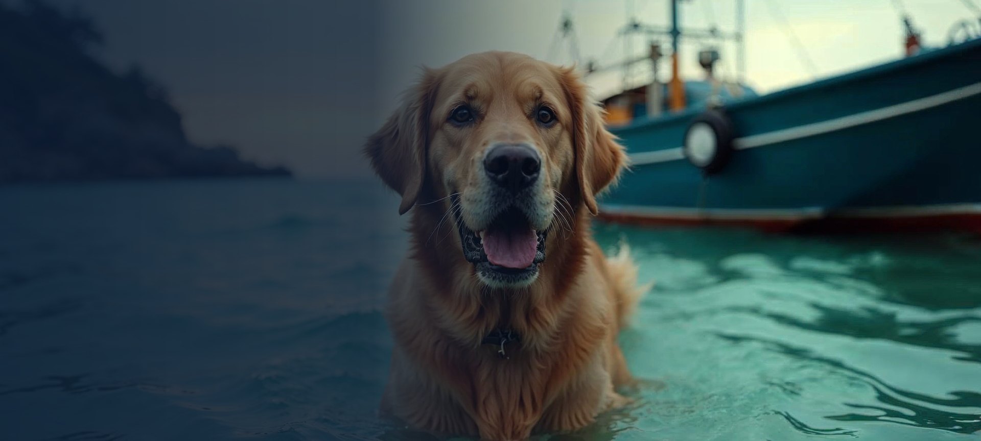 Art-directed coastal pet-nutrition scene representing Marine Vitality's industry