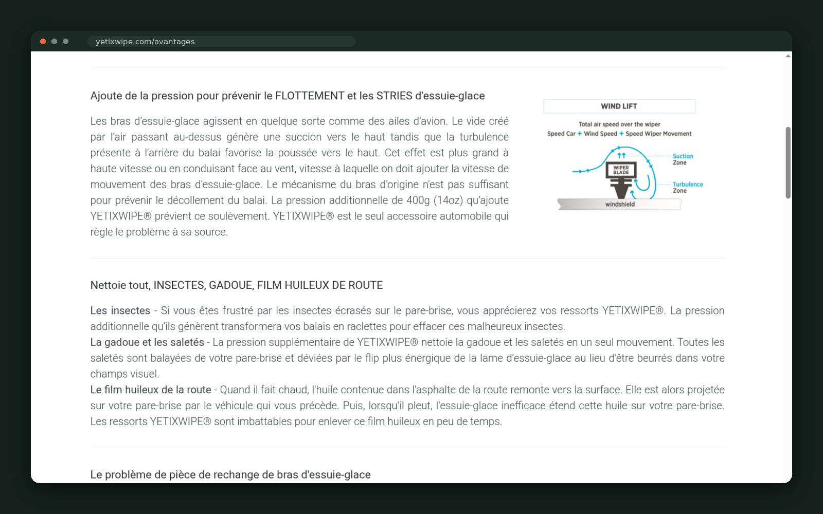 Explanatory diagrams: wind lift and wiper speed testing
