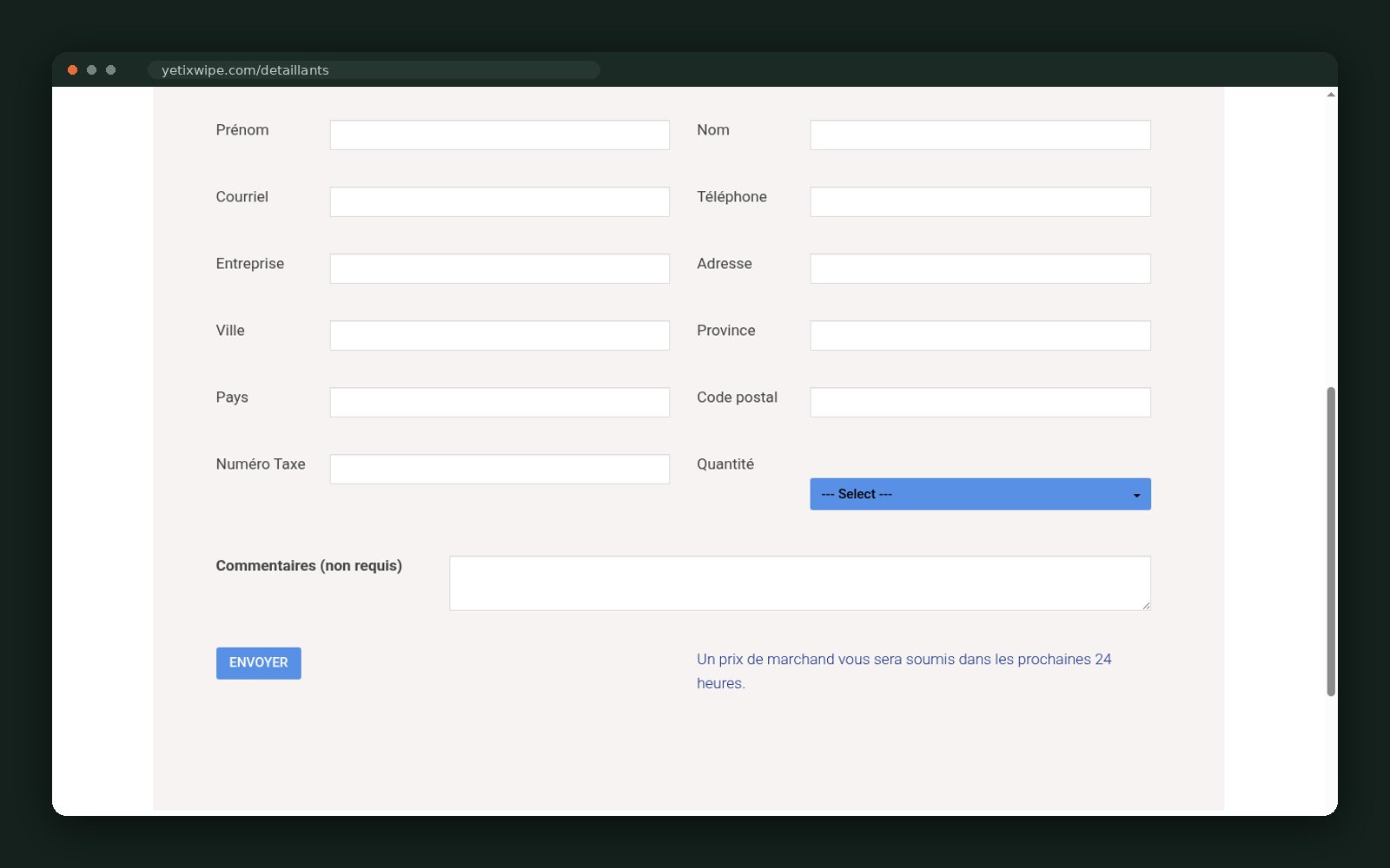 Wholesale request form for retailers