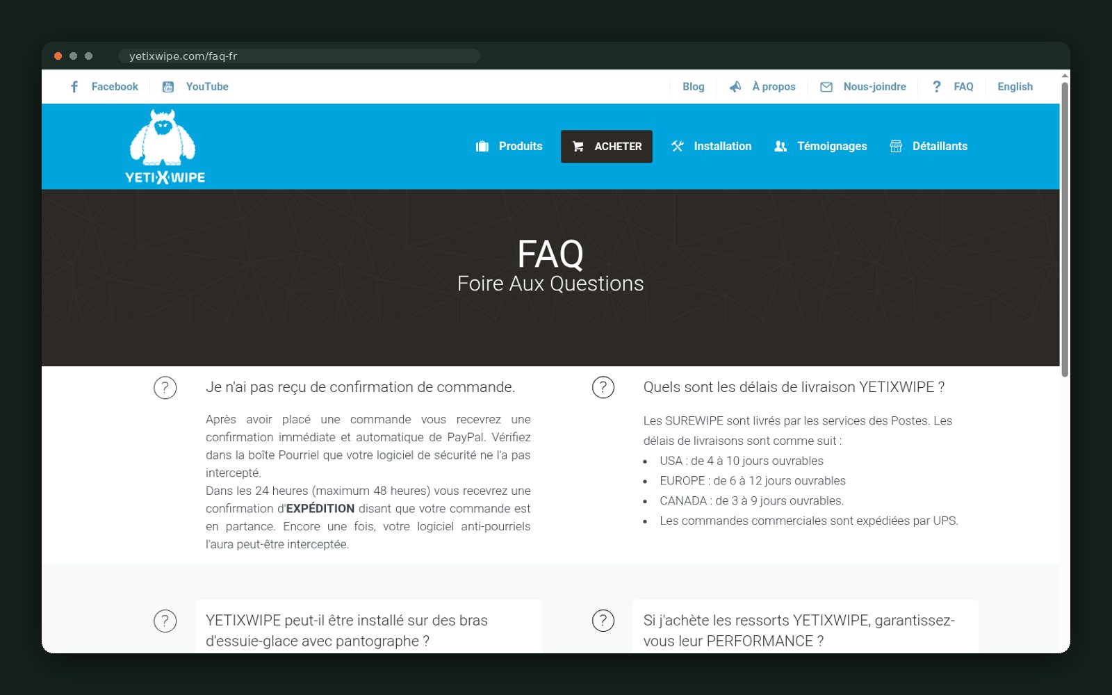 French FAQ answering shipping, fit and performance questions