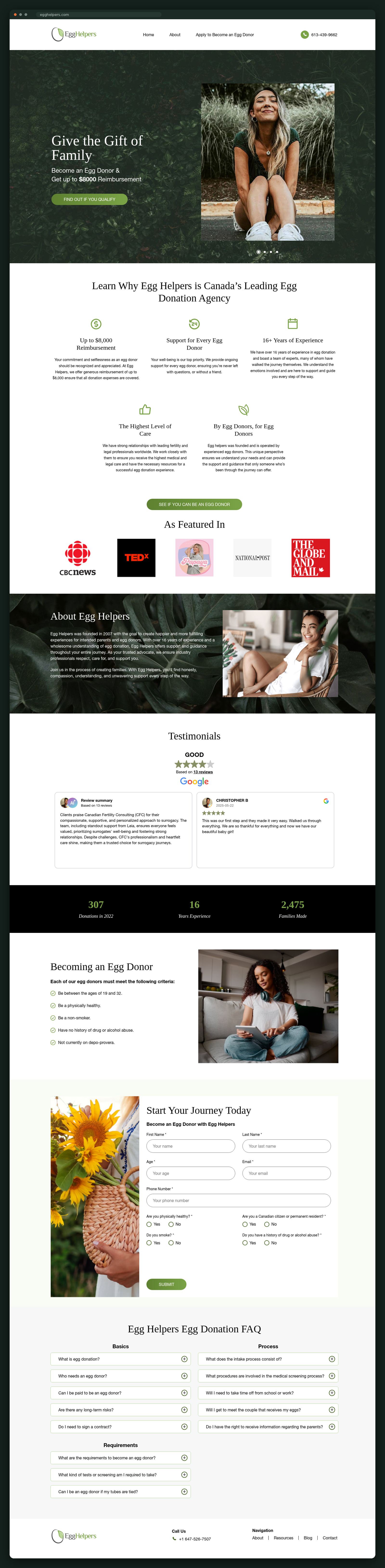 Egg donor recruitment landing page, full scroll