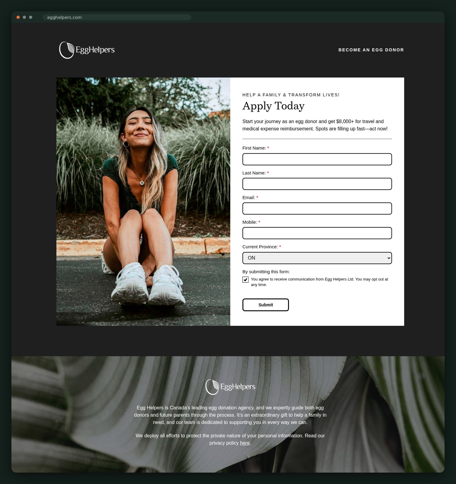 Donor application page, full scroll