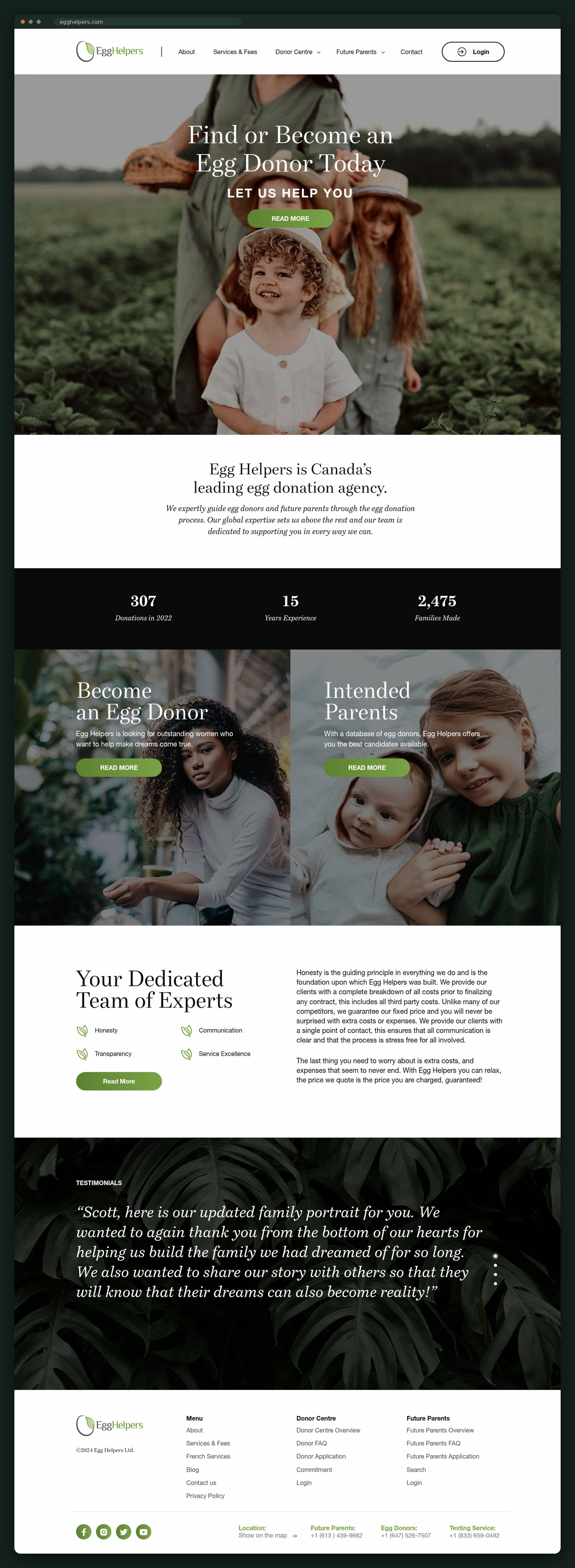 Egg Helpers homepage, full scroll
