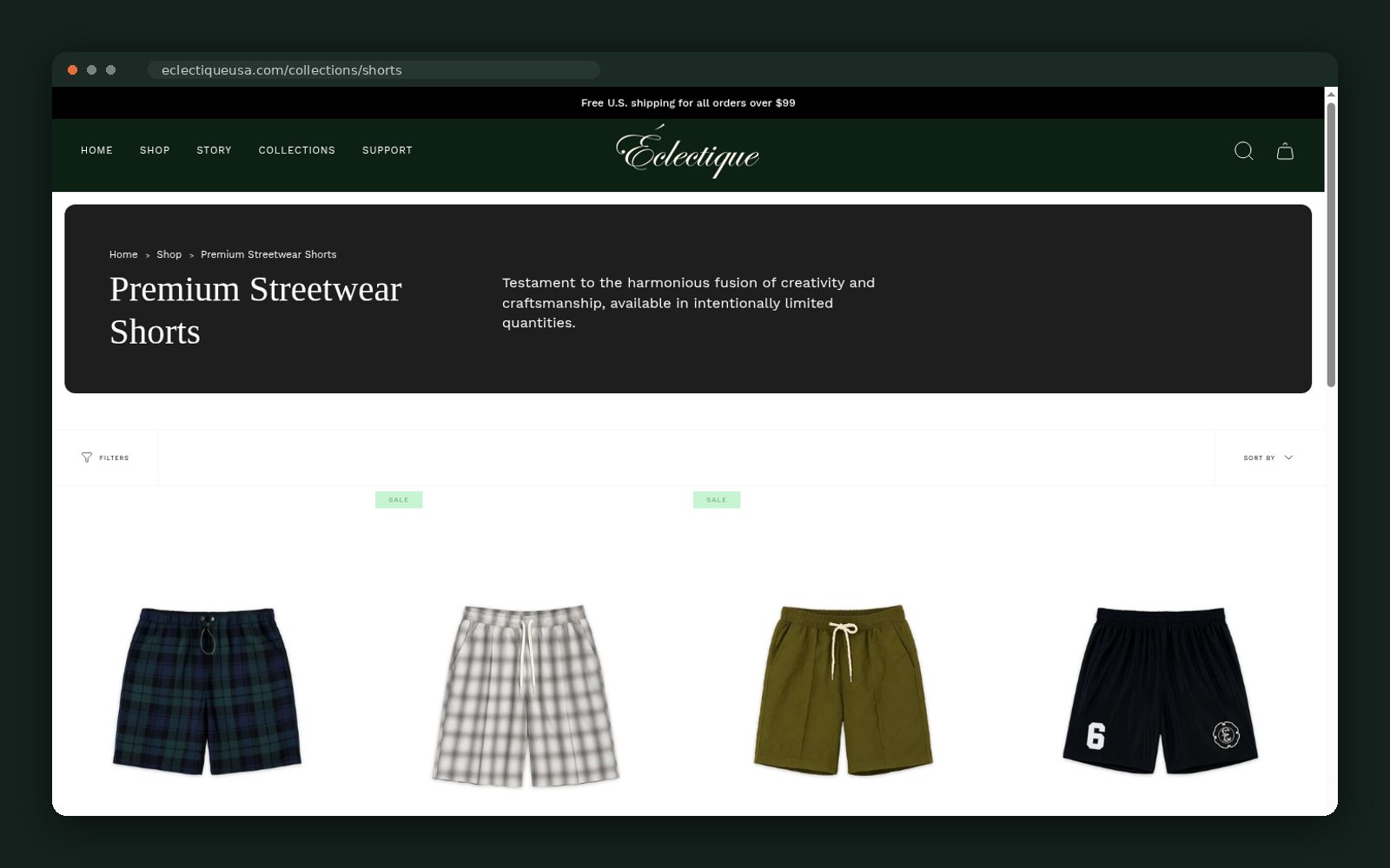 Shorts collection header and product grid