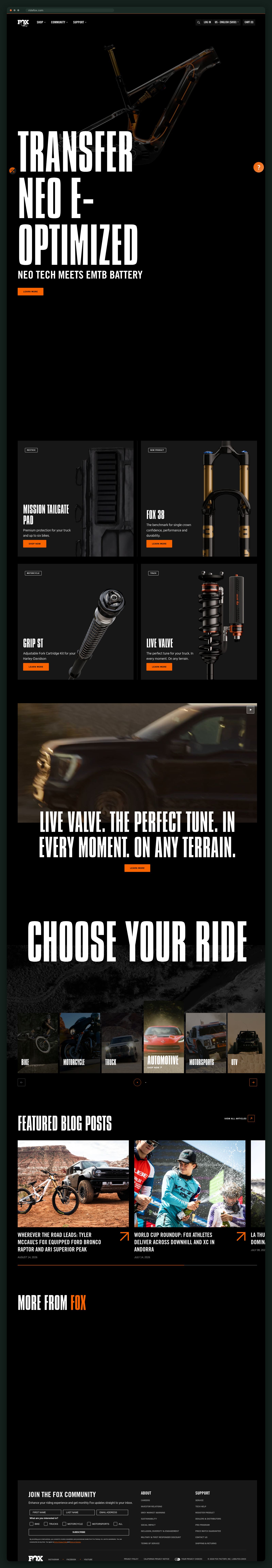 FOX ridefox.com homepage, full scroll