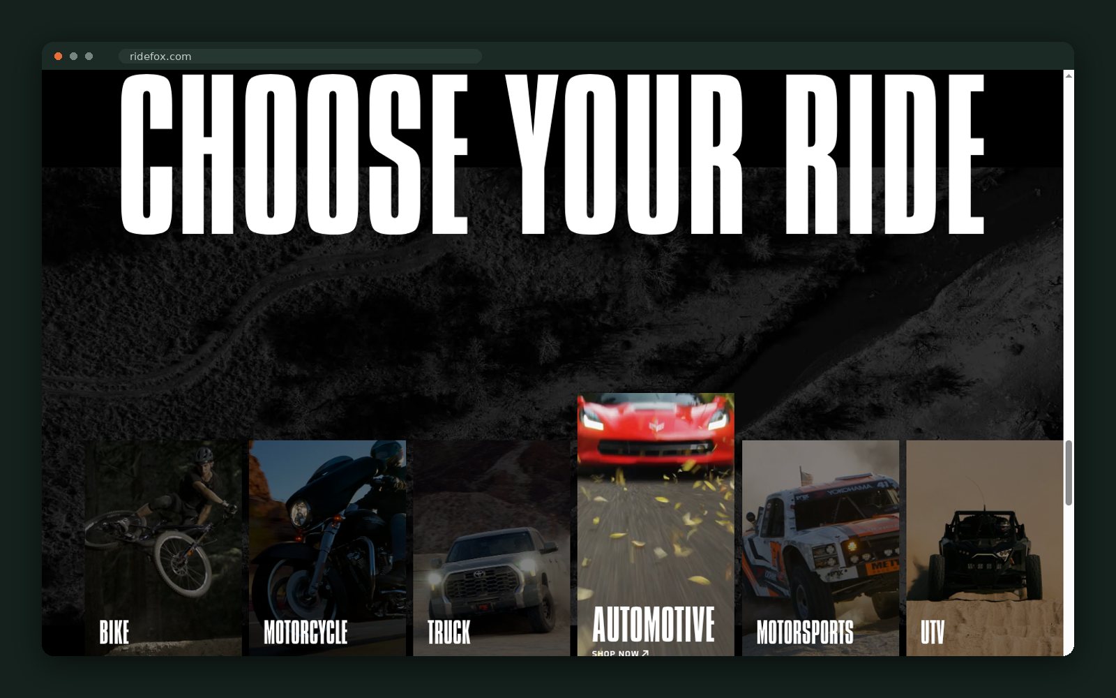 Ride category tiles: bike, motorcycle, truck, automotive, motorsports, UTV