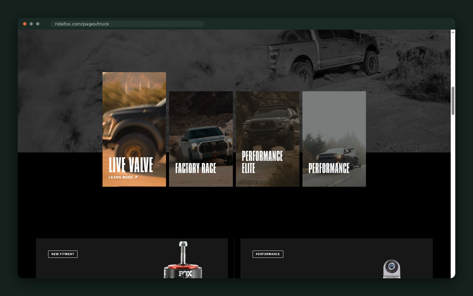 Shock Finder — vehicle-fitment selector on the truck page