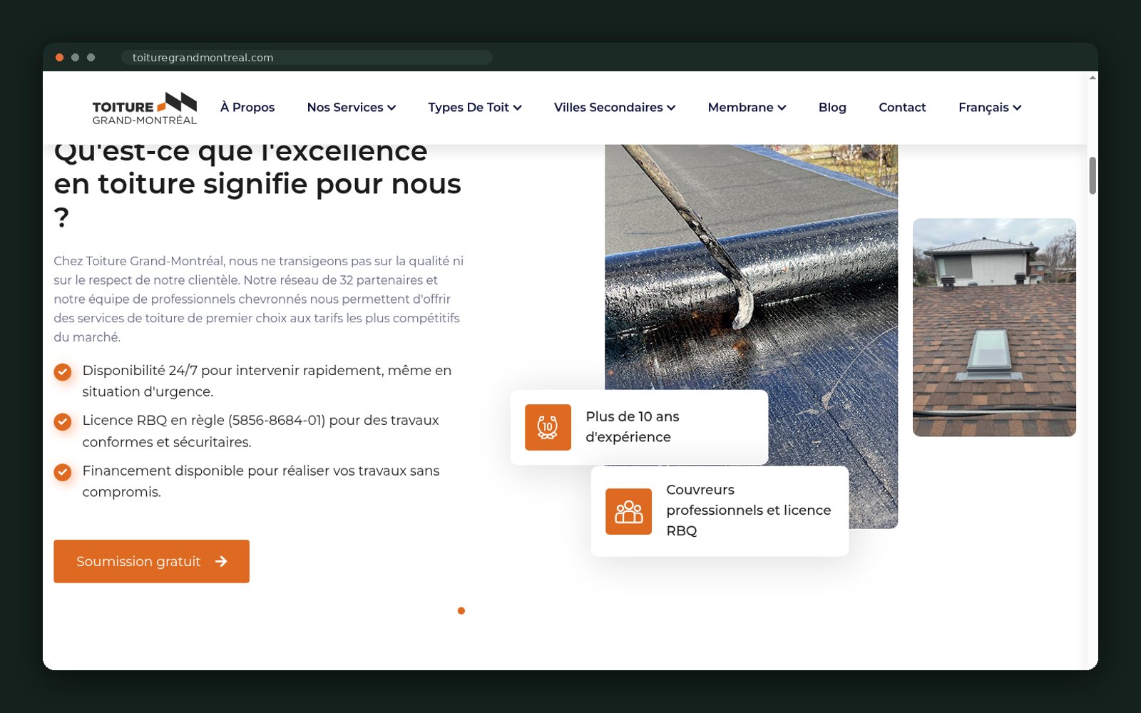 What roofing excellence means, with RBQ licence and 10-year experience badges