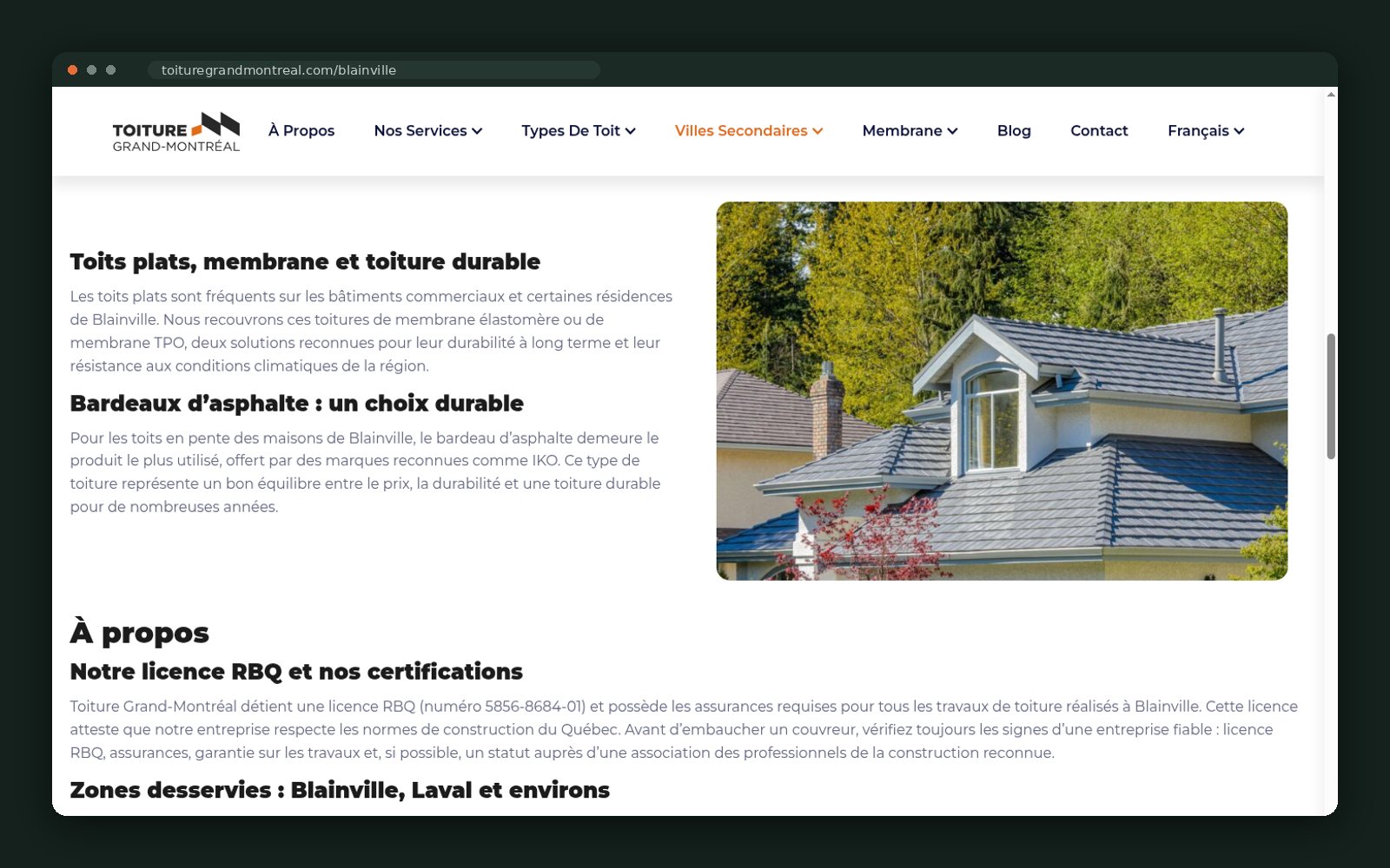 Blainville page: durable membranes and RBQ certifications