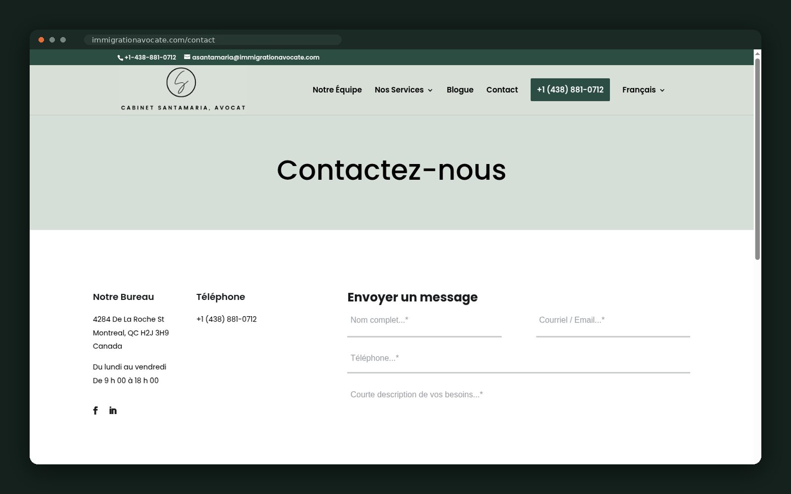 Contact page with office details and form