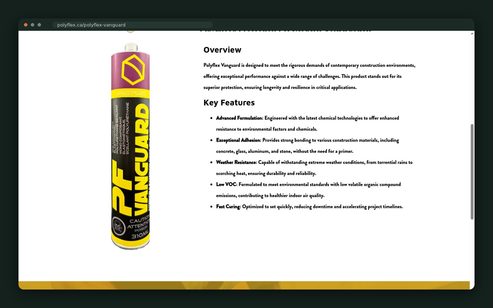 Vanguard specifications with TDS, MSDS and Intertek test downloads