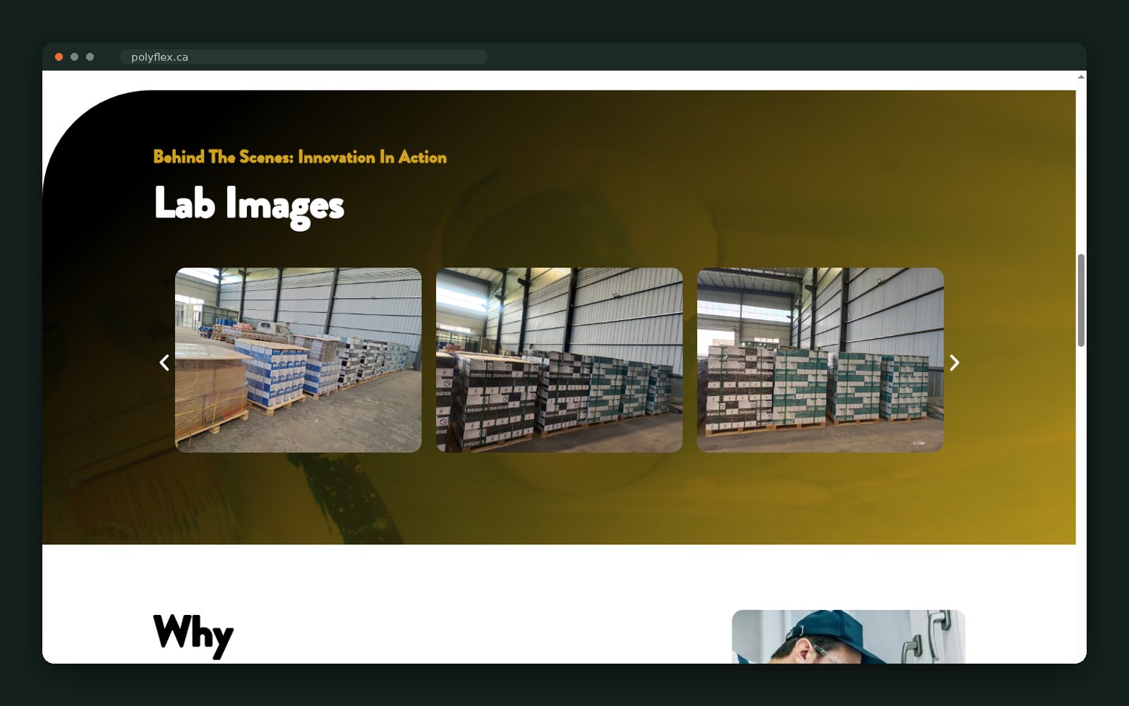 Behind the scenes — manufacturing and lab imagery carousel