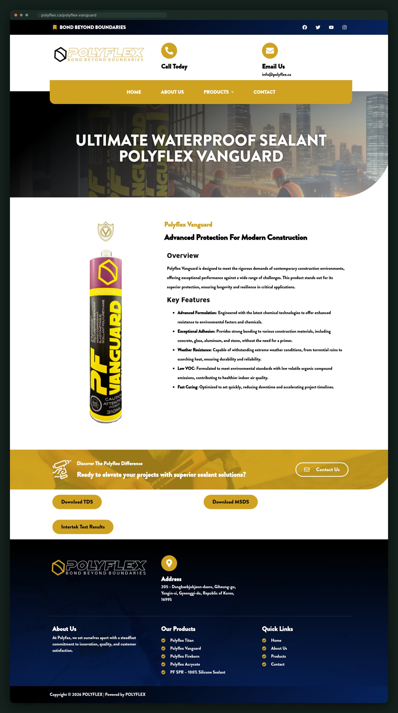 Polyflex Vanguard product page, full scroll