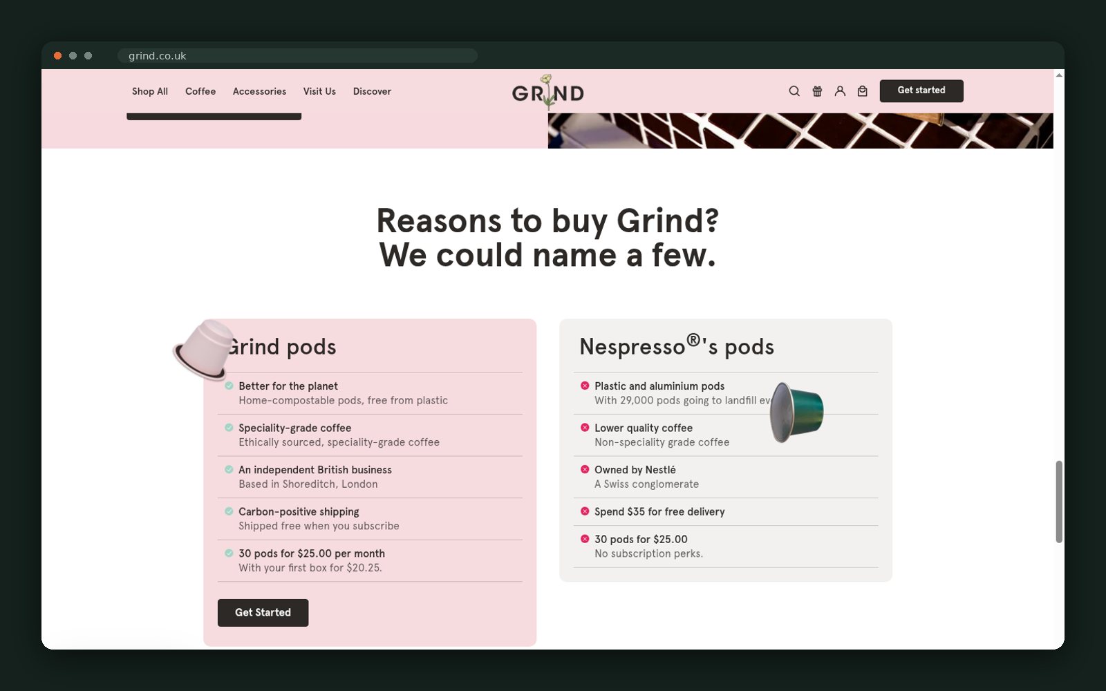 "Reasons to buy Grind" — a side-by-side against Nespresso® pods