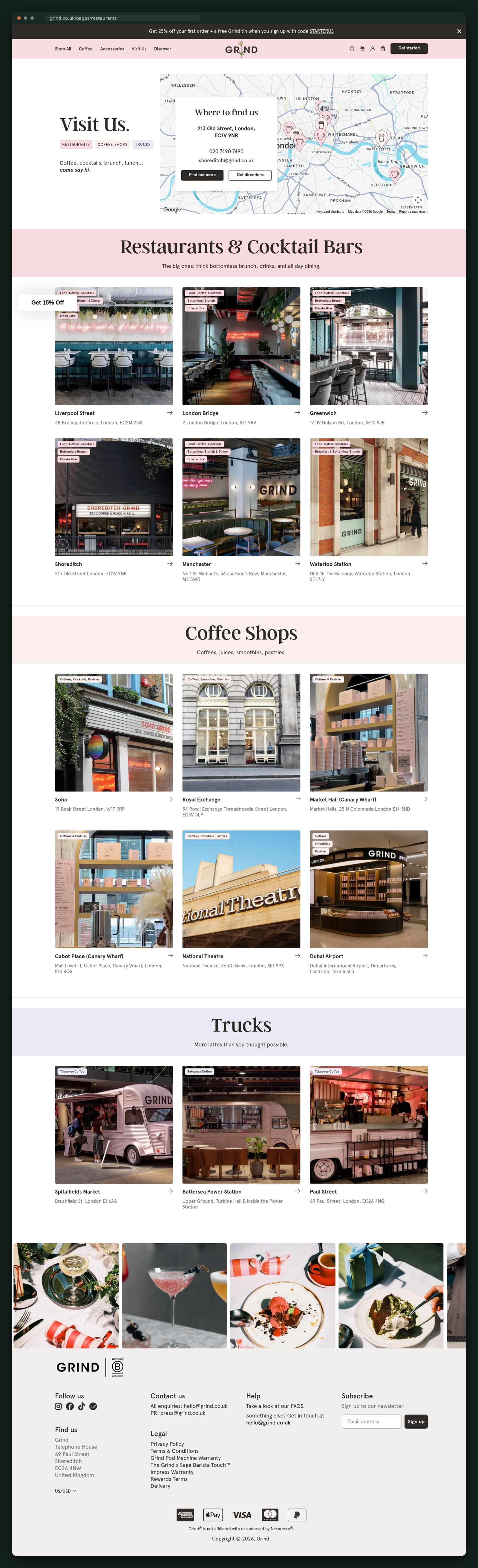 Restaurants and cafés locator page, full scroll