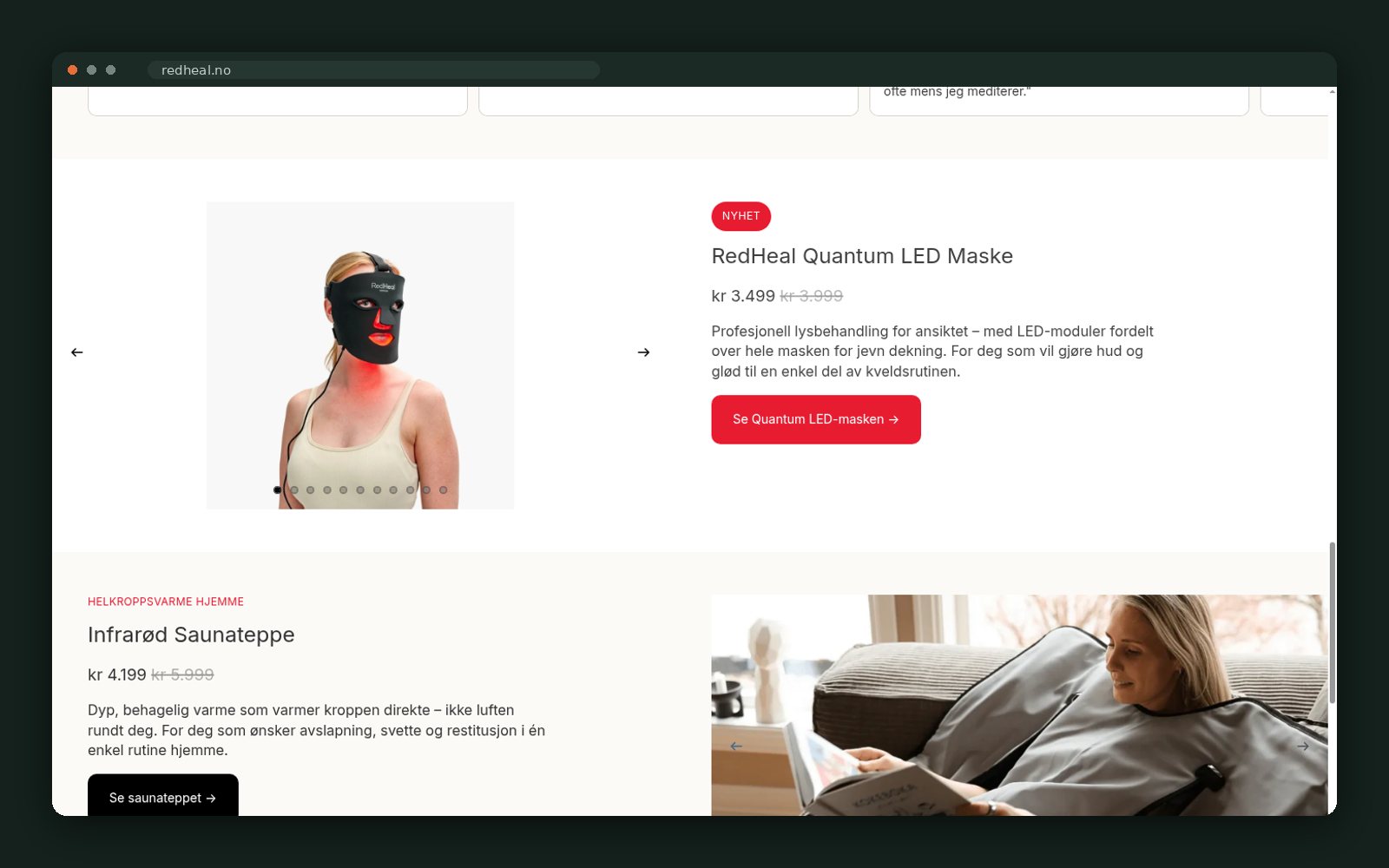 Product range — LED mask, infrared sauna tent and accessories