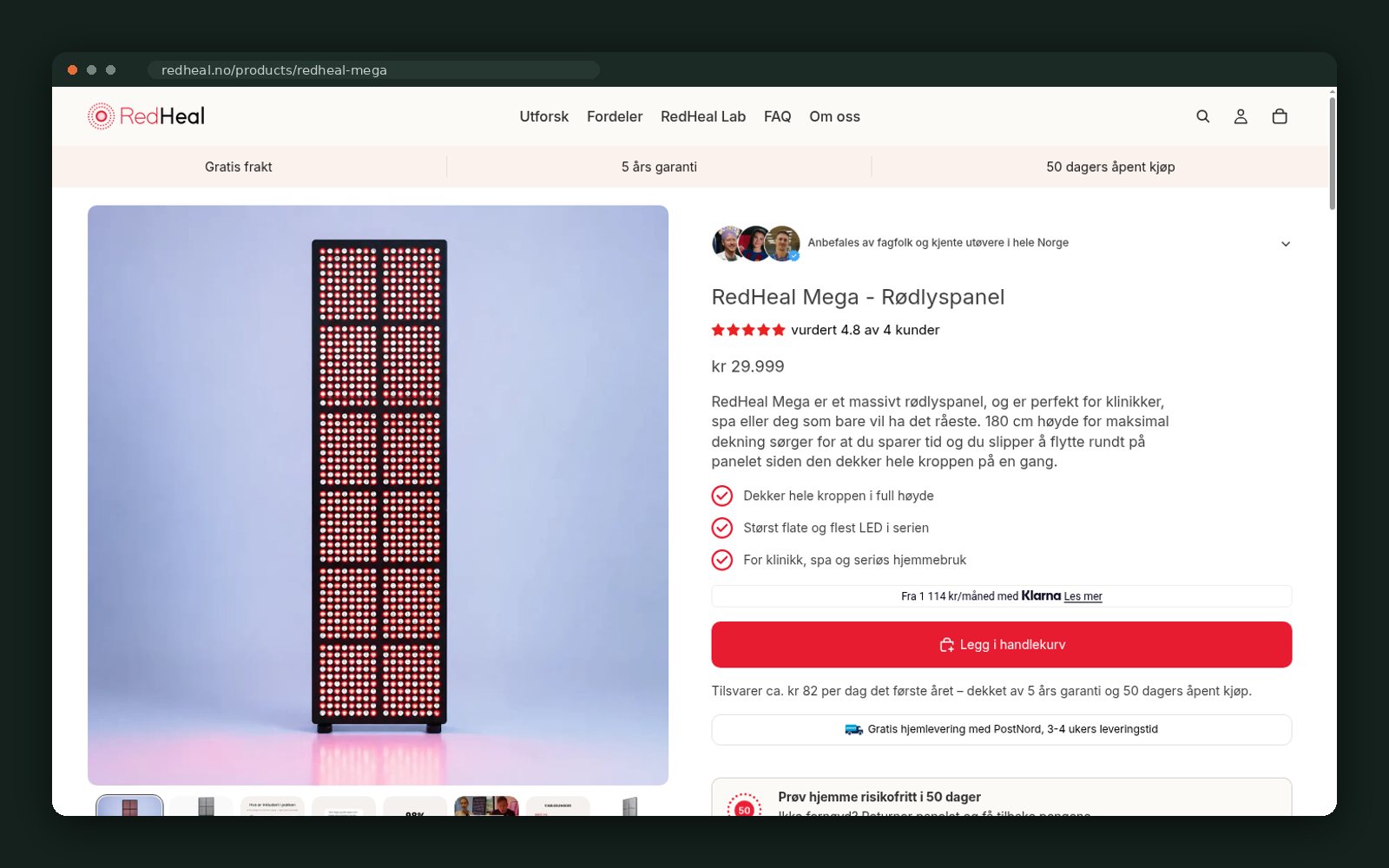 Product page for the Mega panel — guarantee, financing and returns