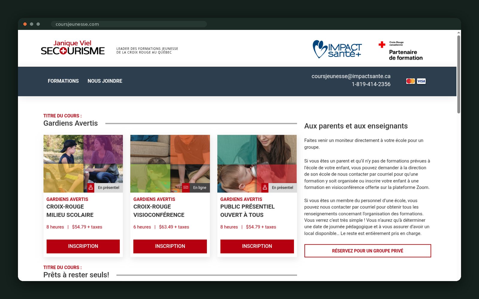 Cartes de cours Gardiens Avertis avec format, durée et prix