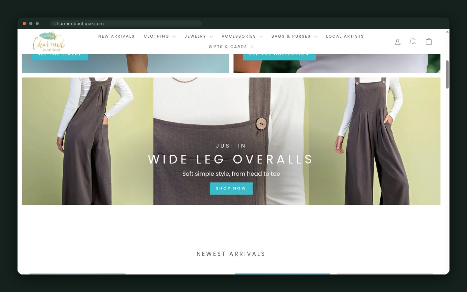 Wide leg overalls feature and the shop-by-category grid