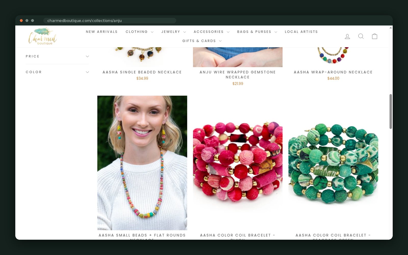 Anju beaded necklaces, cuffs and earrings on model