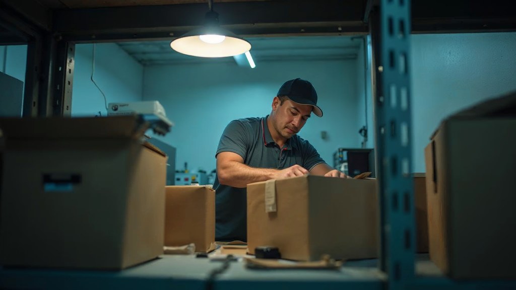 A warehouse worker taping shipping boxes under strip lighting in a small fulfilment room, photographed in St. Louis