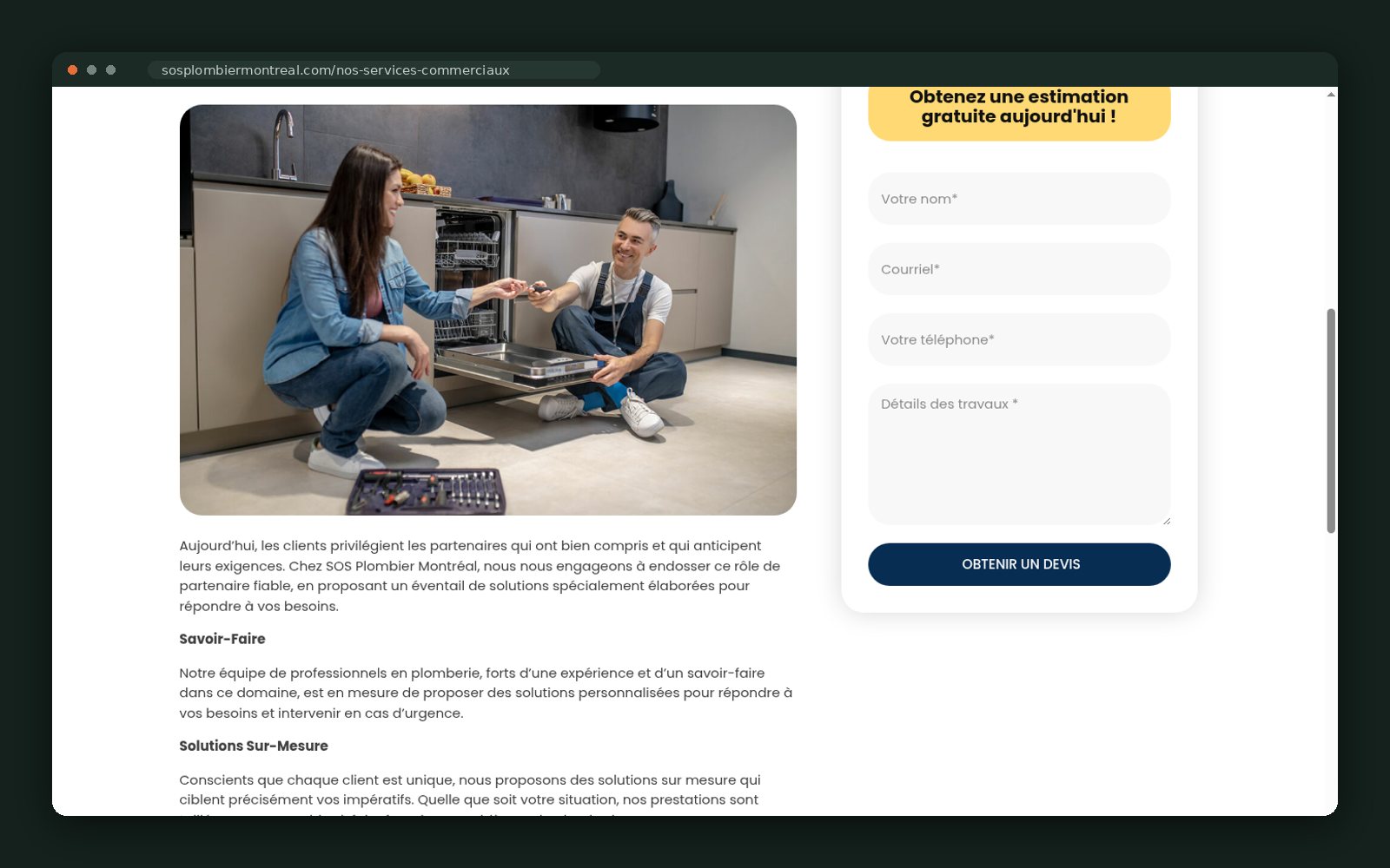 Commercial capability copy with inline quote form
