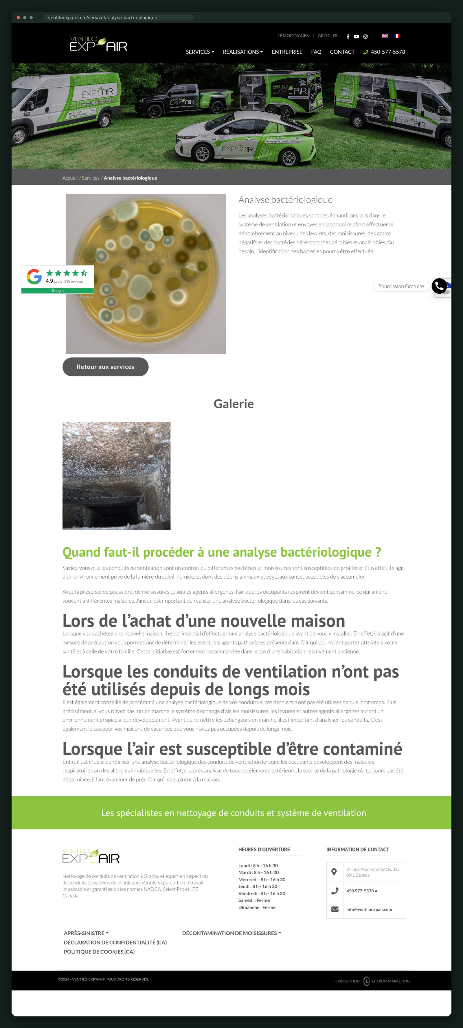 Bacteriological analysis service page — full scroll