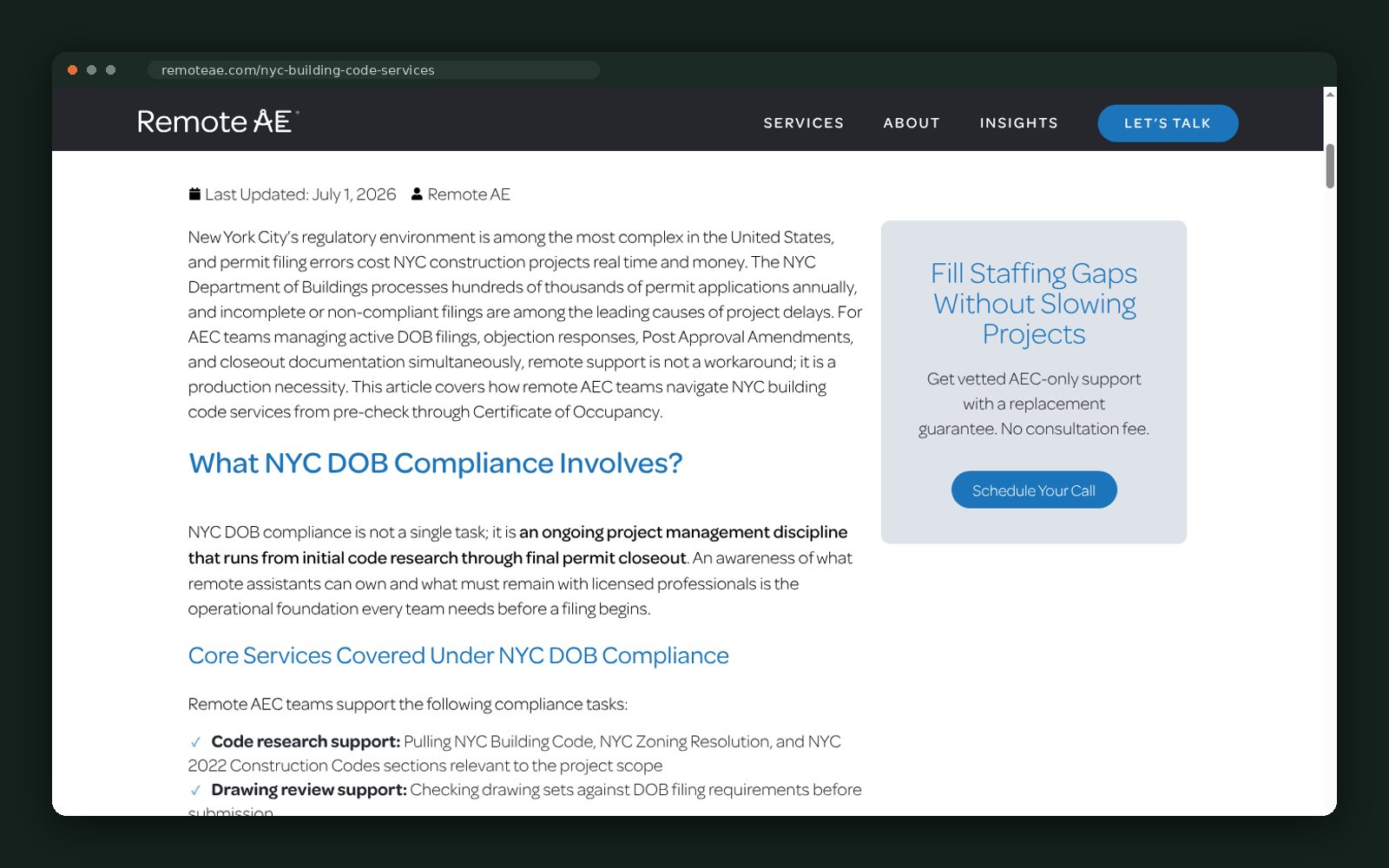 In-depth DOB compliance content with a sticky staffing CTA