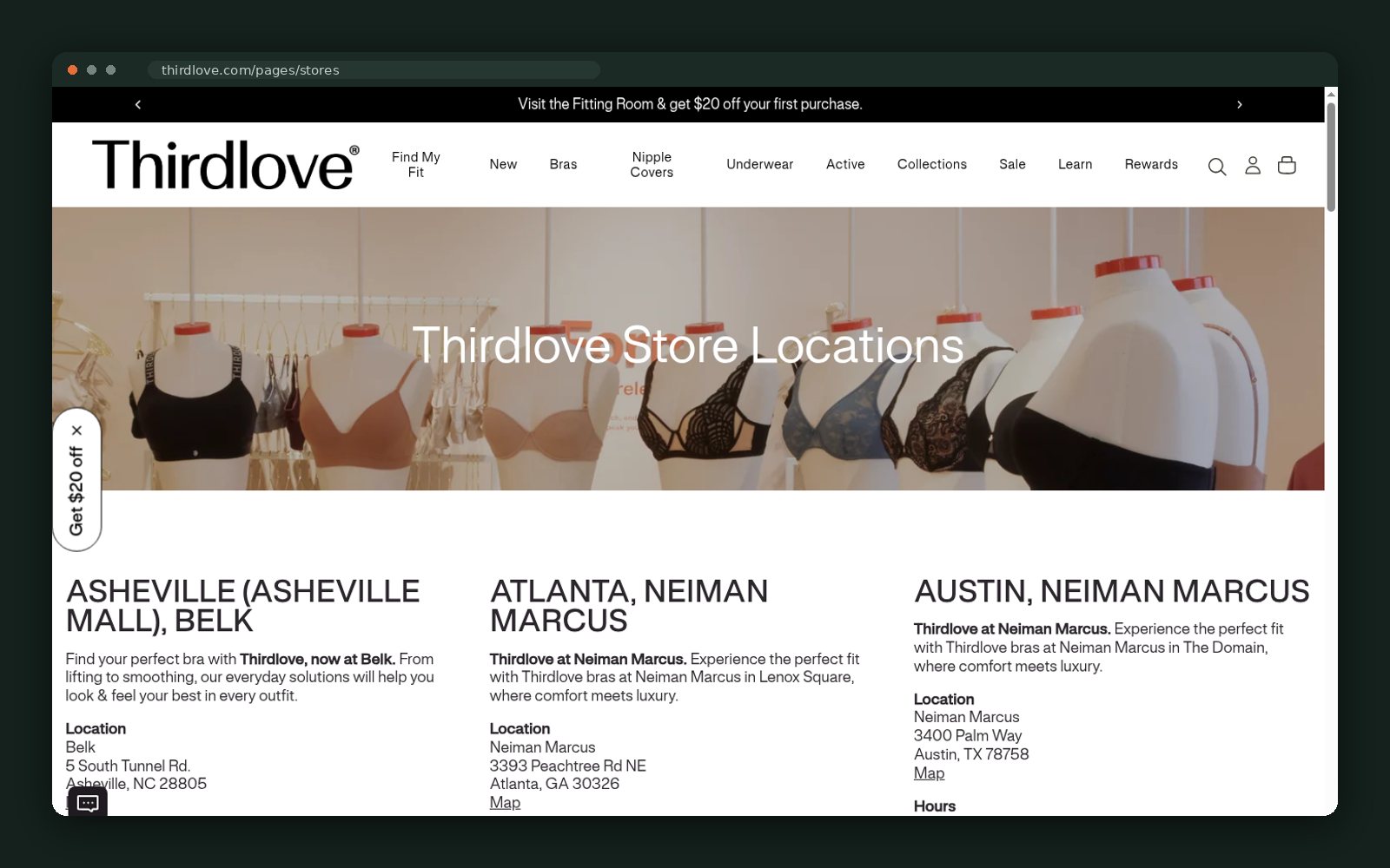 Store locator for ThirdLove's retail partners