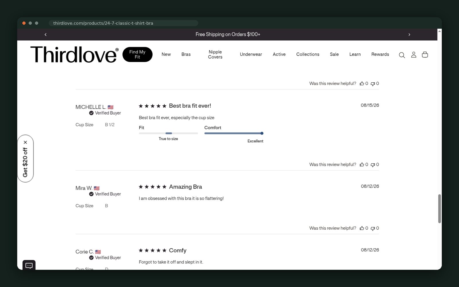 Verified customer reviews filtered by cup size and fit