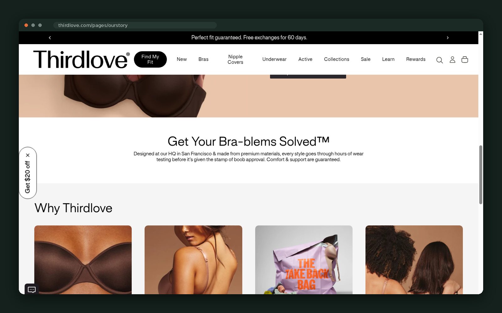 "Get your bra-blems solved" — the brand promise section