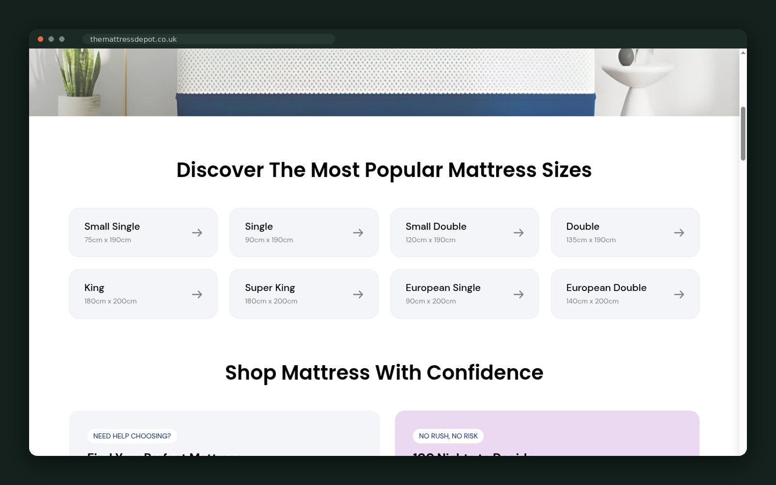 Mattress size finder and risk-free trial blocks