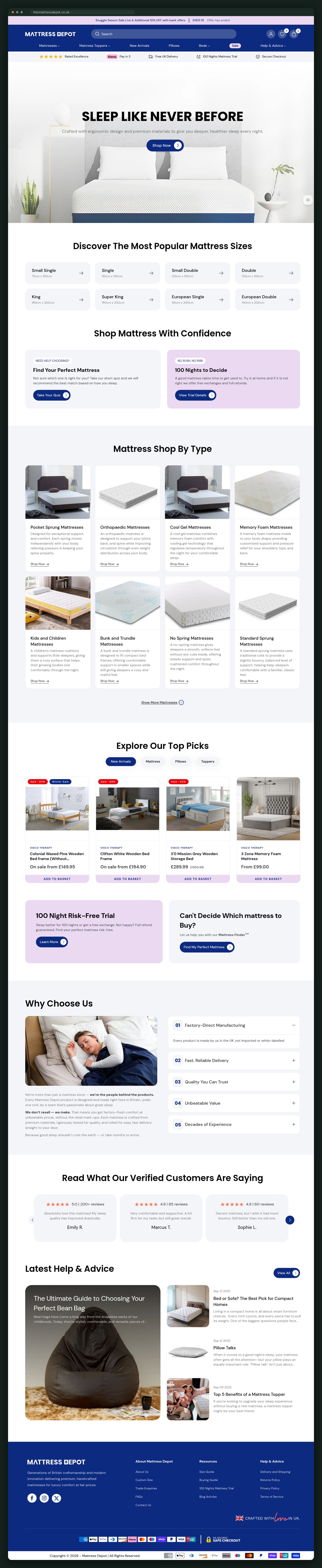 Mattress Depot homepage, full scroll