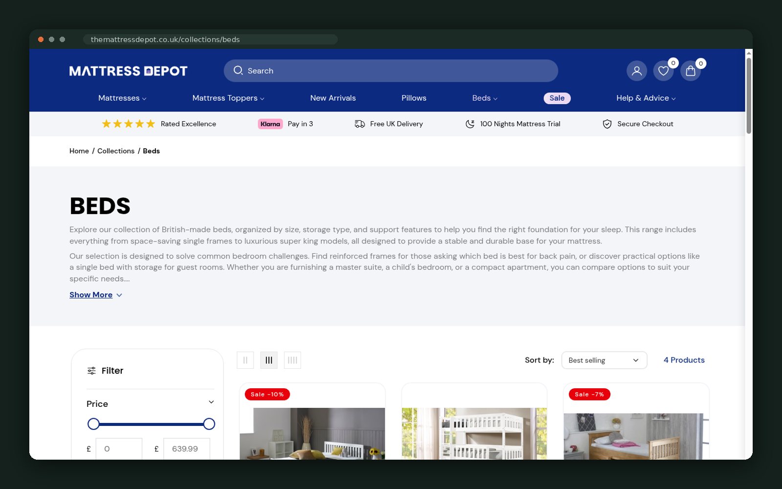 The Mattress Depot website — screen 2