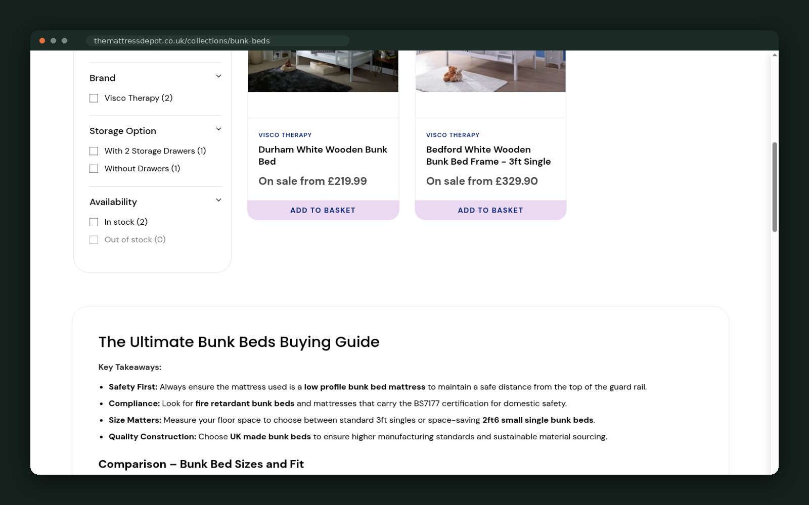 Bunk bed product grid